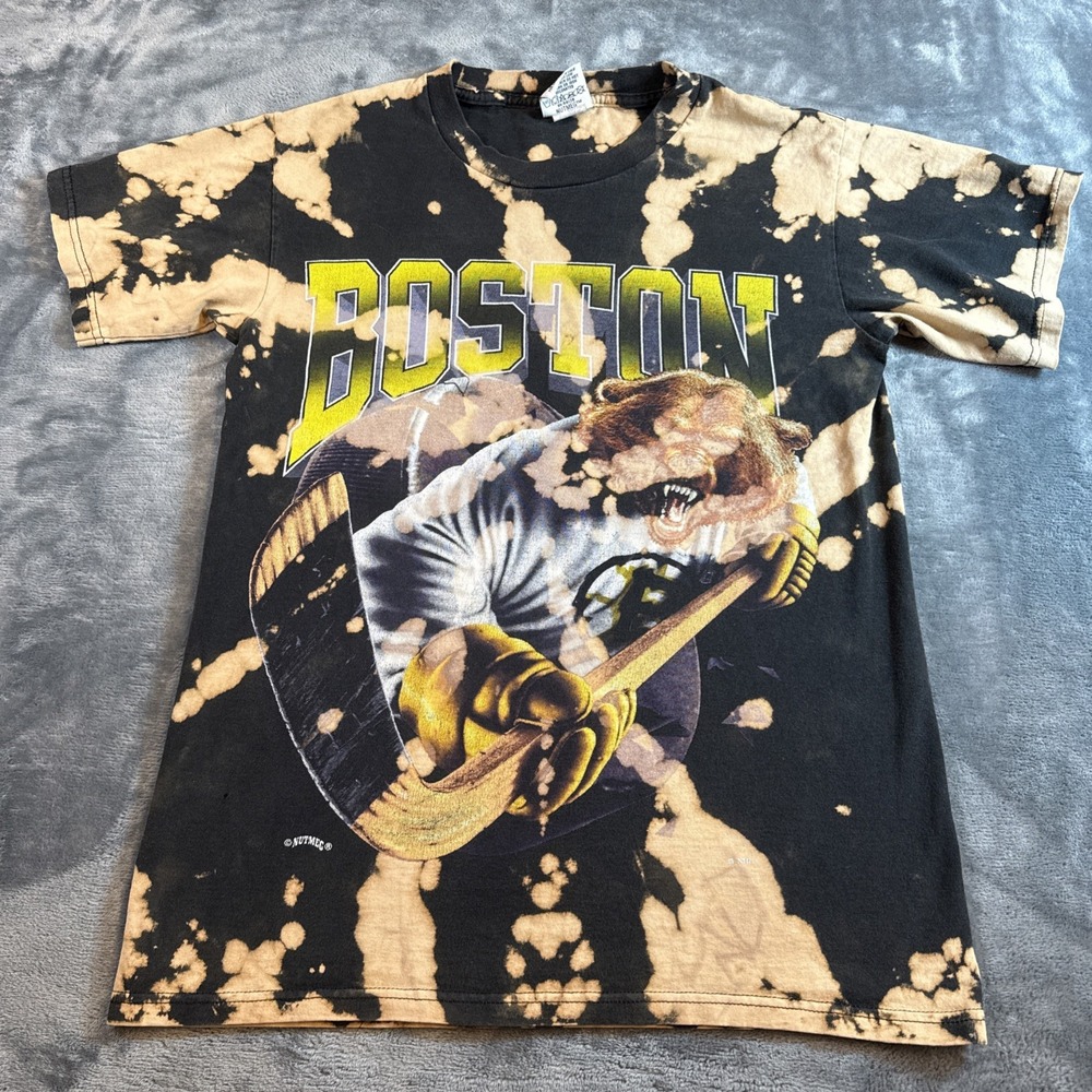 Vtg 90s Boston Bruins Hockey Shirt M Nutmeg Breakthrough Tie Dye NHL Graphic Tee